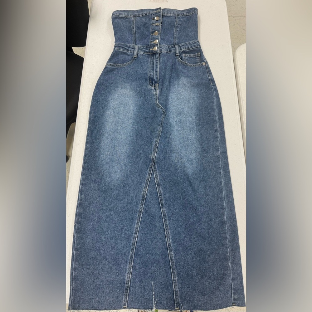 Denim Midi Skirt with Front Slit